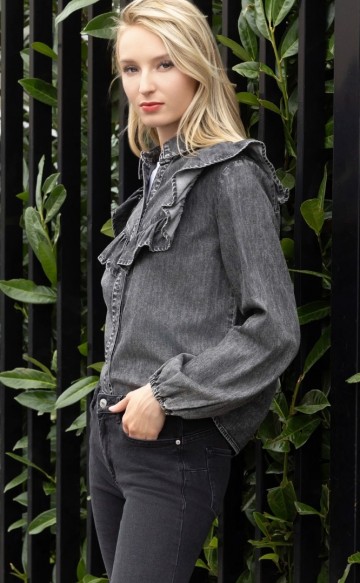 JEANS BLOUSE RUFFLE W GREY