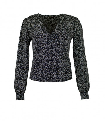 HASHTAG BIJ MARLEEN COLOURFUL REBEL V-NECK BUTTON BLOUSE BLACK